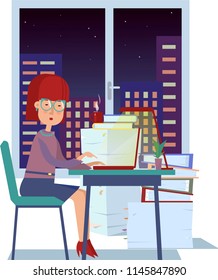 Office worker at night in the office with a view to the city. Flat style vector illustration.