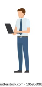 Office worker with notebook, startup with internet concept, freelancer. Man standing full length working on laptop vector illustration isolated on white.