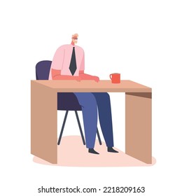 Office Worker Occupation Concept. Business Man Clerk or Manager Character Sitting at Desk with Coffee Cup. Worker at Workplace, Official Job, Boss in Formal Wear. Cartoon People Vector Illustration