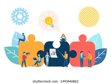 Office worker on the background of the puzzle details. Teamwork, brainstorming, business meetings and partnership concept. Vector illustration.