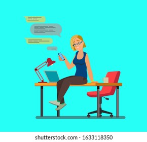 Office worker on a coffee break sitting on a table.Vector illustration in cartoon style