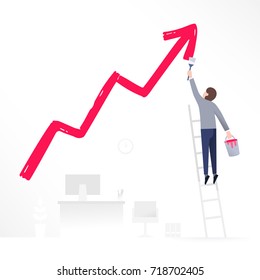 A office worker on a ladder are holding a roll brush and painting on the wall a big red arrow pointing up. Business and success concept. Allegory of the career growth. Flat style illustration