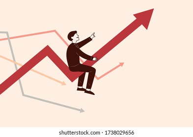 El trabajador de oficina en la flecha emergente. Ilustración plana vectorial de concepto de acciones y negocios.