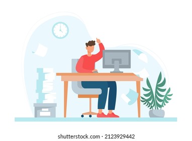 Trabajador de oficina en la mesa. Un chico joven trabaja en la computadora. El empleado completa el informe. gerente o empleado. Proceso de trabajo y lugar de trabajo, liderazgo. Persona con nueva idea. Dibujo vectorial plano de dibujos animados