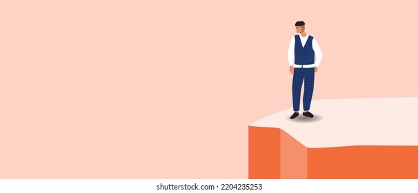 Office worker on top of cliff, mountains looking down, flat vector stock illustration or copy space pattern, concept of economic crisis