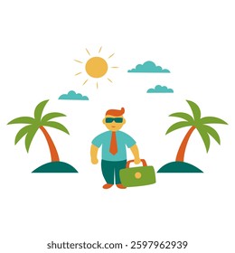 An office worker on vacation among palm trees. 