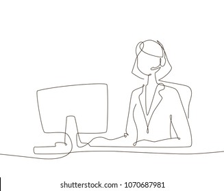 Office worker - one line design style illustration isolated on white background. Composition with young businesswoman sitting at the computer with a headset and a microphone. Call center operator