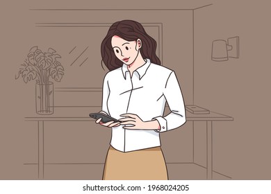 Office worker and online communication concept. Young pretty brunette woman cartoon character standing with smartphone and chatting in office vector illustration 