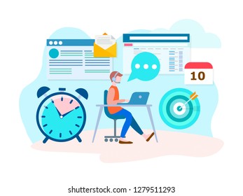 Office worker online. The concept of a deadline, the achievement of the goal. Vector illustration for banners, posters, social media.