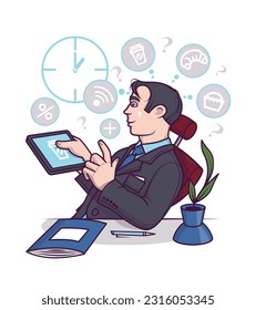 Office worker ordering coffee via tablet. Successful purchase concept. Client buying food online. Special offers at online stores. Mobile online shopping from office. Vector flat illustration