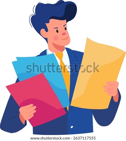 Office worker organizing documents modern office art bright colors