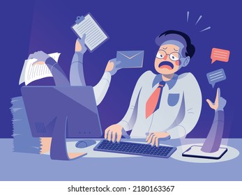 An Office Worker Overwhelmed by Work, Reports, and Calls. Vector Flat Illustration.