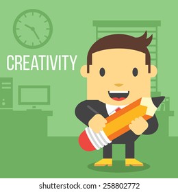 Office worker with pencil. Business creativity concept. Creative office background. Flat style design vector illustration.