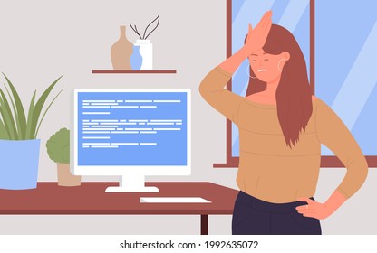 Office worker people in stress vector illustration. Cartoon tired unhappy woman employee character upset with pc error attention symbol and warnings for computer user, problem stress alert background