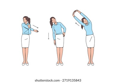 Trabajador de oficina realizando la rutina de estiramiento de pie. Ilustración vectorial plana. 