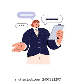 Office worker performs with report. Professional speaker explains lecture. Leader reporting information, speech. Employee in formal costume. Flat isolated vector illustration on white background