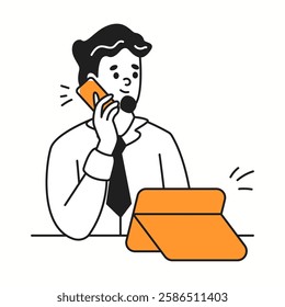 Office worker with phone and tablet orange color linear icon. Managing tasks in dynamic and work environment character doodle illustration