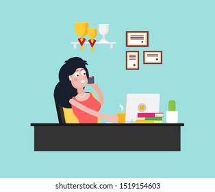 Office worker with phone working in office in the flat style vector