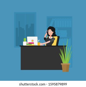 Office worker with phone working in office in the flat style vector