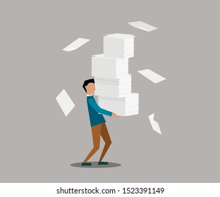 Office worker with pile of documents. Vector illustration. Isolated illustration 
on a gray background. 