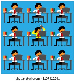 Office Worker play mobile phones among their busy friends. Flat design