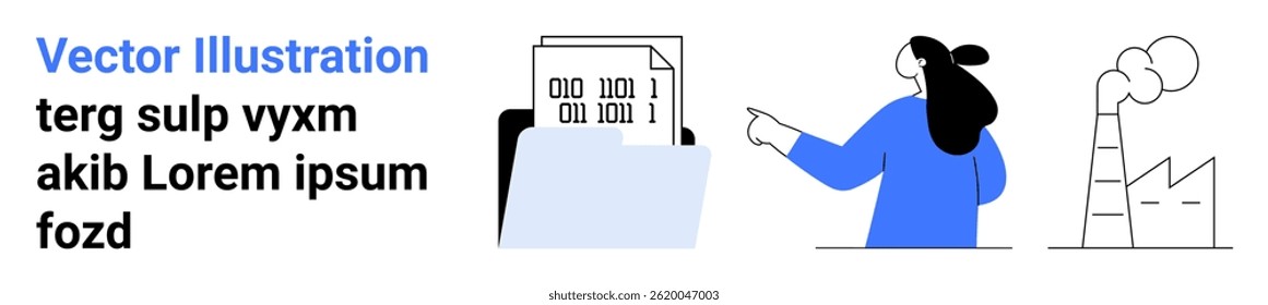 Office worker pointing at binary files in a folder, alongside an industrial factory with smoke. Ideal for technology, office work, data management, industry, environmental impact, business