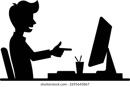 “Happy office worker pointing at computer screen silhouette – businessman sitting at desk with monitor and stationery, black vector illustration”