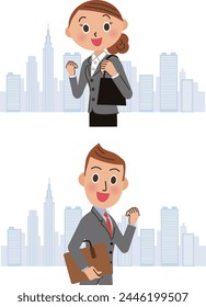 An office worker poses doing his best in front of a silhouette of the cityscape