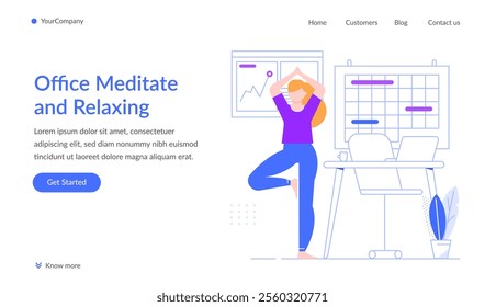 Office worker practicing yoga in her workspace, finding relaxation and meditation to enhance focus and promote a healthy work life balance while managing stress effectively