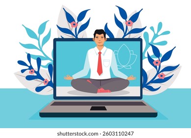 Office worker practicing yoga and meditation inside laptop screen, promoting mindfulness and stress relief in workplace. Flat vector illustration