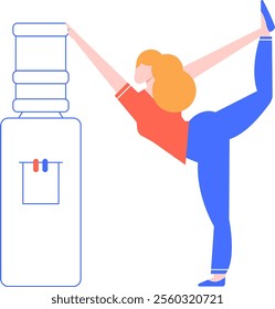 Office worker practicing yoga while balancing on one leg, reaching for the water cooler in a modern minimalist setting, promoting health and wellness during a work break