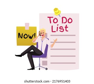 Office Worker Procrastinates At Home Or Office At Todo List Backdrop, Flat Vector Illustration Isolated On White Background. Man Chatting Phone Instead Of Working.