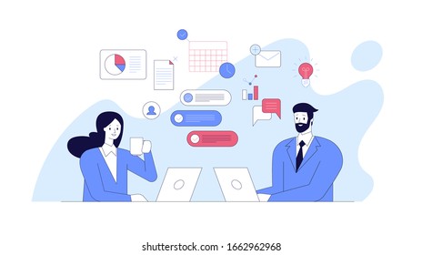 Office worker or programmer work on laptop and discuss tasks, schedule, business strategy and company success. Vector flat concept of workflow, teamwork, brainstorm for banner, website or landing page