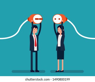 Office worker pull plugs towards each other. Vector illustration business connection concept, Cooperation, Happy flat cartoon design. 

