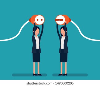 Office worker pull plugs towards each other. Vector illustration business connection concept, Cooperation, Happy flat cartoon design. 
