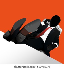 The office worker put his feet on the table and builds himself a big boss. The arrogant leader, the cheeky employee, the orange background, the detailed work. Man in a stylish suit
