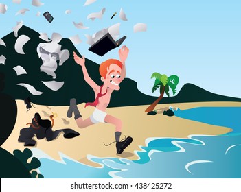 Office worker ran away on vacation, Rest from work, long-awaited vacation, on a beach vacation, holiday season, no routine, Summer joy, man running on the beach ripping off her clothes