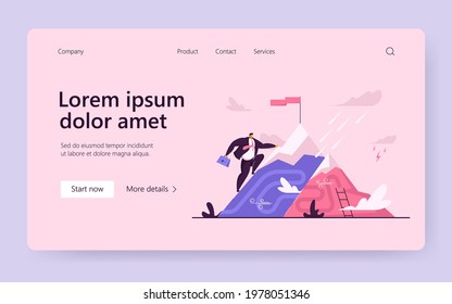 Office worker reaching mountain top with flag. Man achieving goal, perseverance flat vector illustration. Challenge, belief, effort, ambition concept for banner, website design or landing web page