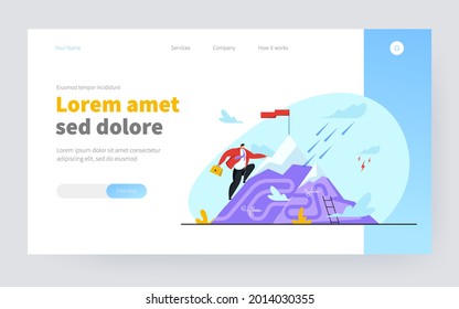 Office worker reaching mountain top with flag. Man achieving goal, perseverance flat vector illustration. Challenge, belief, effort, ambition concept for banner, website design or landing web page