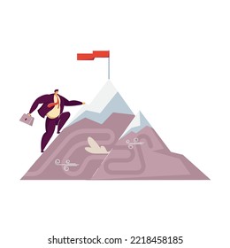 Office worker reaching mountain top with flag. Man achieving goal, perseverance flat vector illustration. Challenge, belief, effort, ambition concept for banner, website design or landing