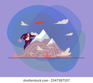 Office worker reaching mountain top with flag. Man achieving goal, perseverance flat vector illustration. Challenge, belief, effort, ambition concept for banner, website design or landing web page