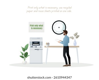 Office worker is reading documents near a printer, promoting eco-friendly printing practices by printing only what is necessary and using recycled paper