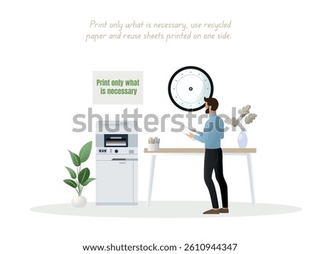 Office worker is reading documents near a printer, promoting eco-friendly printing practices by printing only what is necessary and using recycled paper