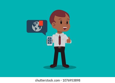 office worker receive notifications on his smartphone, the results of his marketing campaign show the success of the trend topic, social media concept