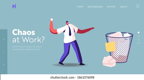 Office Worker, Reject Idea, Deadline, Business Man Throw Document Landing Page Template. Tiny Businessman Male Character Throwing Crumpled Paper Ball Into Huge Litter Bin. Cartoon Vector Illustration