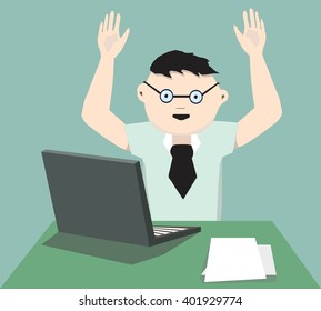 Office worker rejoicing his success. Flat Man in glasses sitting behind a laptop raises his hands for joy. A vector illustration of a businessman, an office worker on weekdays.