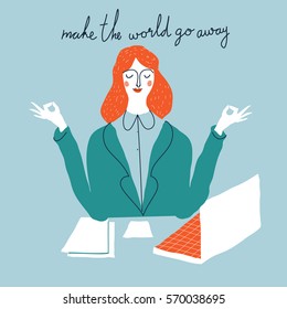 Office worker relaxes and meditates in the lotus position. Cartoon business woman meditating. Vector hand-drawn creative illustration.