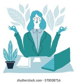 Office worker relaxes and meditates in the lotus position. Business woman meditating.  Vector handdrawn creative illustration.