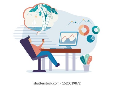Office Worker Relaxing, Drinking Takeaway Coffee at Workplace. Data Analyst Dreaming about Vacation on Tropical Island. Modern Workspace Interior. Cartoon Businessman Rest. Vector Flat Illustration