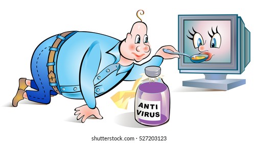 Office worker repairing computer. Funny illustration about the installation of virus scan. Vector cartoon image.